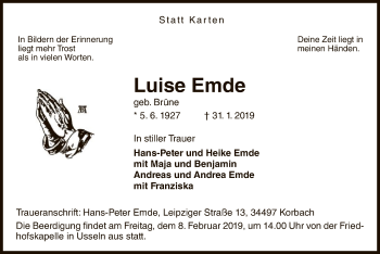 Traueranzeige von Luise Emde von WLZ