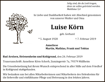 Traueranzeige von Luise Körn von WLZ