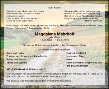 Traueranzeige von Magdalene Mehrhoff von WLZ