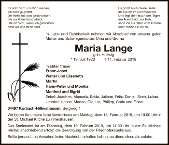 Traueranzeige von Maria Lange von WLZ