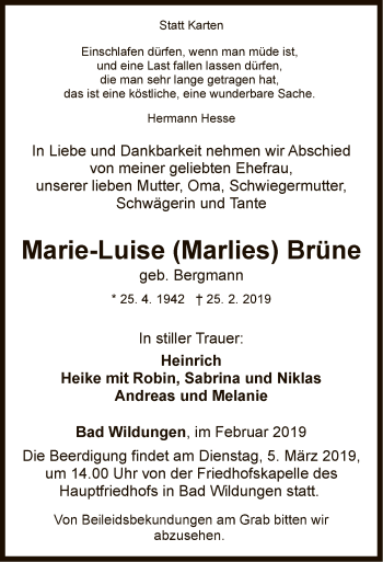 Traueranzeige von Marie-Luise Brüne von WLZ