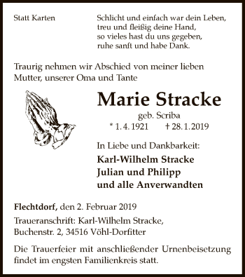 Traueranzeige von Marie Stracke von WLZ