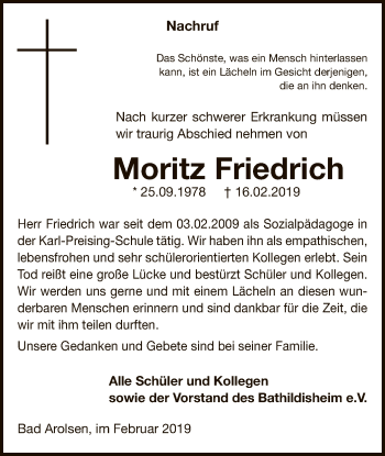 Traueranzeige von Moritz Friedrich von WLZ
