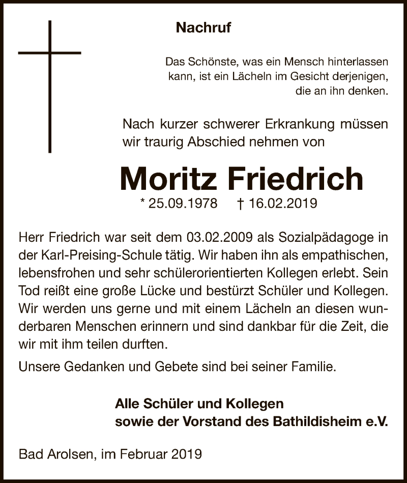  Traueranzeige für Moritz Friedrich vom 23.02.2019 aus WLZ