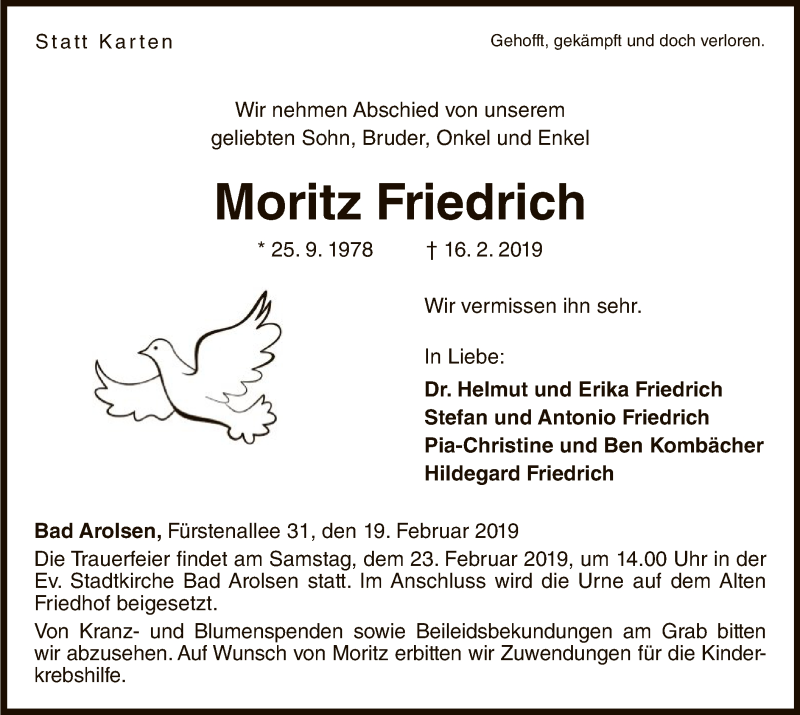  Traueranzeige für Moritz Friedrich vom 19.02.2019 aus WLZ