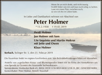 Traueranzeige von Peter Holmer von WLZ