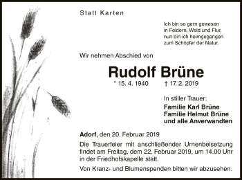 Traueranzeige von Rudolf Brüne von WLZ