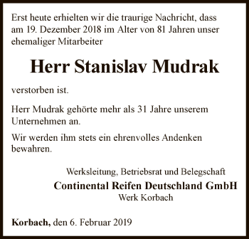 Traueranzeige von Stanislav Mudrak von WLZ