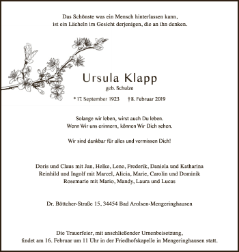 Traueranzeige von Ursula Klapp von WLZ