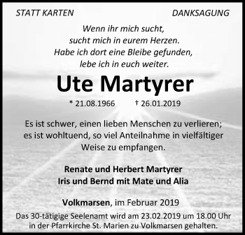 Traueranzeige von Ute Martyrer von WLZ