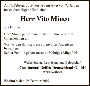 Traueranzeige von Vito Mineo von WLZ