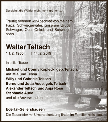 Traueranzeige von Walter Teltsch von WLZ