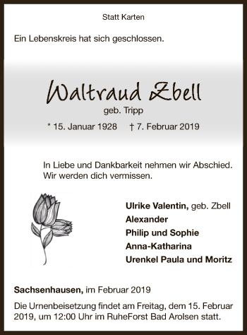 Traueranzeige von Waltraud Zbell von WLZ
