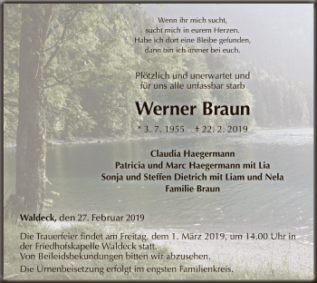 Traueranzeige von Werner Braun von WLZ