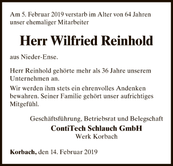 Traueranzeige von Wilfried Reinhold von WLZ