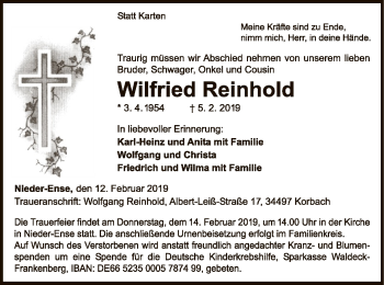 Traueranzeige von Wilfried Reinhold von WLZ