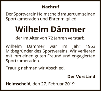 Traueranzeige von Wilhelm Dämmer von WLZ