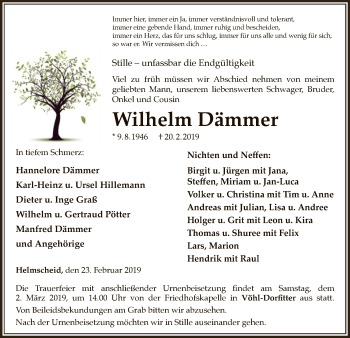 Traueranzeige von Wilhelm Dämmer von WLZ