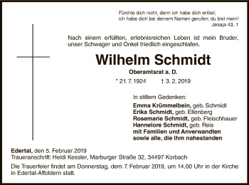 Traueranzeige von Wilhelm Schmidt von WLZ