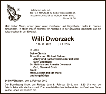 Traueranzeige von Willi Dworzack von WLZ