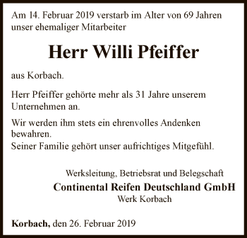 Traueranzeige von Willi Pfeiffer von WLZ