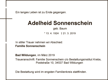 Traueranzeige von Adelheid Sonnenschein von WLZ