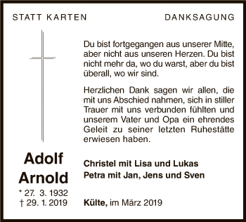 Traueranzeige von Adolf Arnold von WLZ