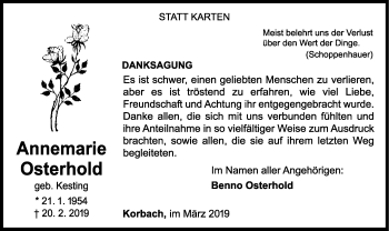 Traueranzeige von Annemarie Osterhold von WLZ