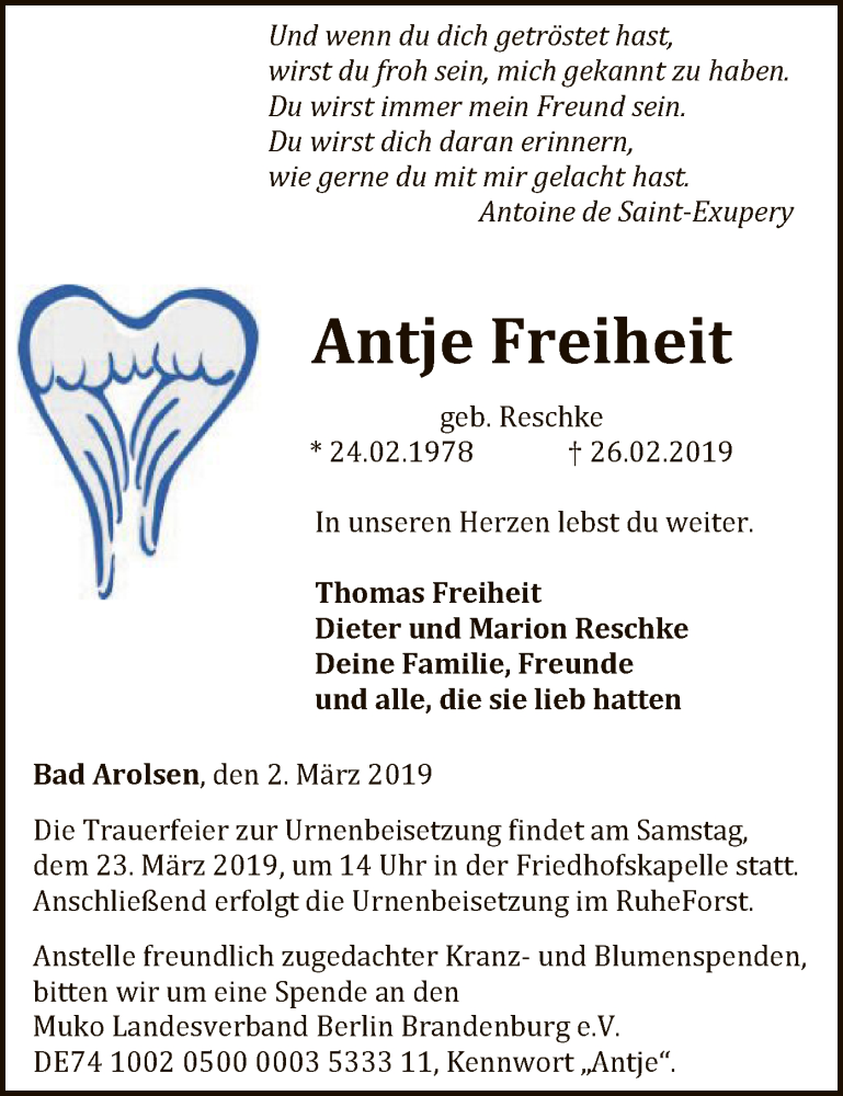  Traueranzeige für Antje Freiheit vom 02.03.2019 aus WLZ