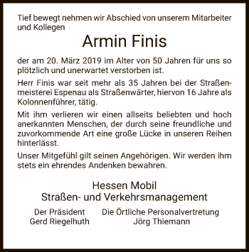 Traueranzeige von Armin Finis von WLZ