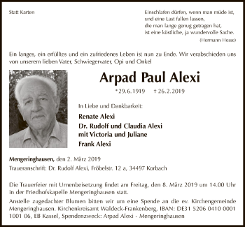 Traueranzeige von Arpad Paul Alexi von WLZ