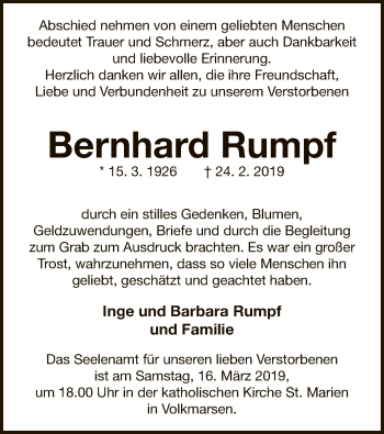Traueranzeige von Bernhard Rumpf von WLZ