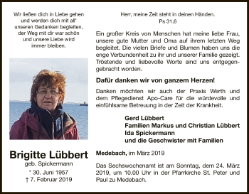 Traueranzeige von Brigitte Lübbert von WLZ