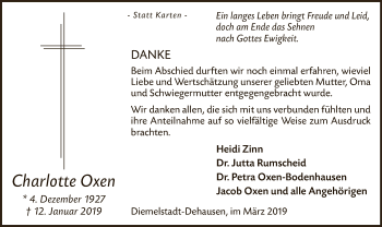 Traueranzeige von Charlotte Oxen von WLZ