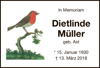 Traueranzeige von Dietlinde Müller von WLZ
