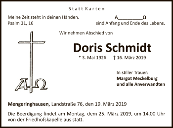 Traueranzeige von Doris Schmidt von WLZ
