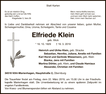Traueranzeige von Elfriede Klein von WLZ