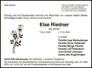 Traueranzeige von Else Riedner von WLZ