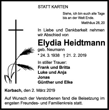 Traueranzeige von Elydia Heidtmann von WLZ