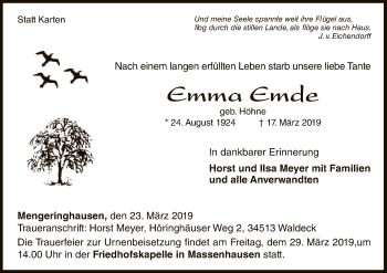 Traueranzeige von Emma Emde von WLZ