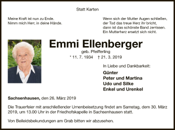 Traueranzeige von Emmi Ellenberger von WLZ