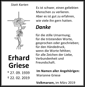 Traueranzeige von Erhard Griese von WLZ