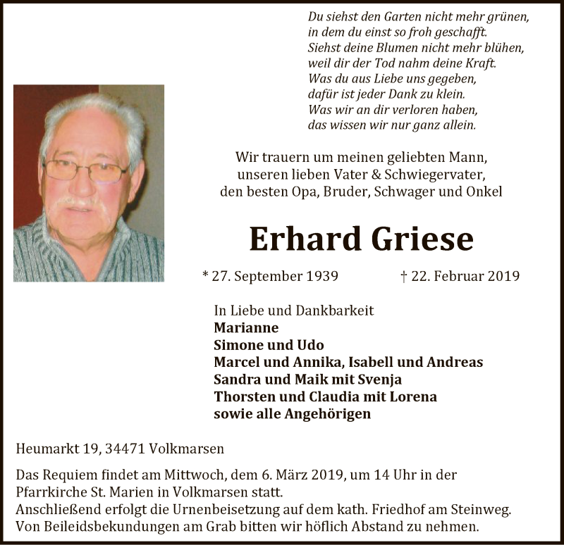  Traueranzeige für Erhard Griese vom 01.03.2019 aus WLZ