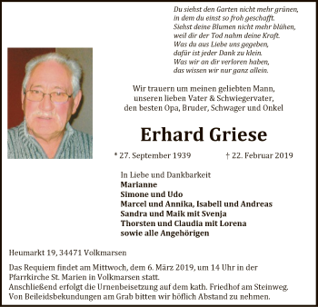 Traueranzeige von Erhard Griese von WLZ