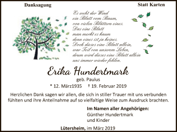 Traueranzeige von Erika Hundertmark von WLZ