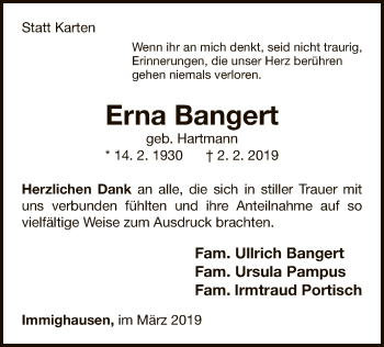 Traueranzeige von Erna Bangert von WLZ