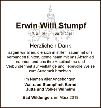 Traueranzeige von Erwin Willi Stumpf von WLZ