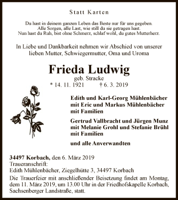 Traueranzeige von Frieda Ludwig von WLZ