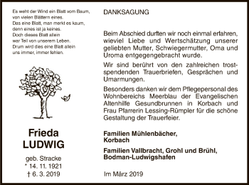 Traueranzeige von Frieda Ludwig von WLZ