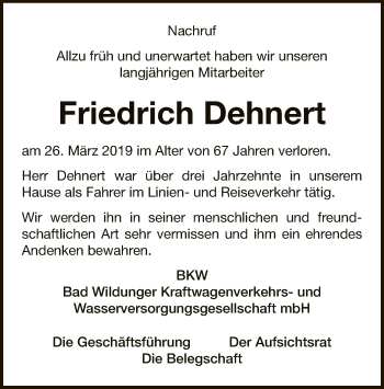 Traueranzeige von Friedrich Dehnert von WLZ